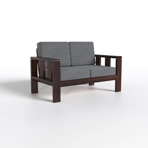 Modern 2 Seater Wooden Sofa with Dark Walnut Finish & Grey Cushion | Modren Sofa