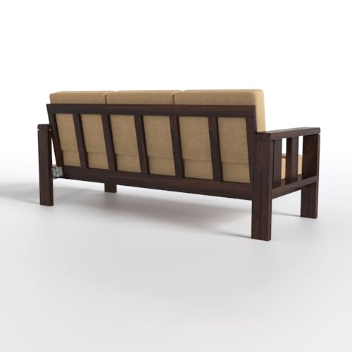 Modern 3 Seater Wooden Sofa with Dark Walnut Finish & Premium Beige Fabric