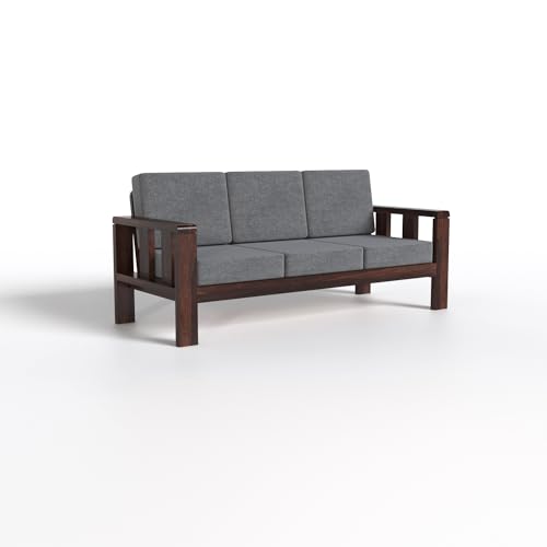 Modern 3 Seater Wooden Sofa with Walnut Finish & Grey Fabric | Solid Living Room Sofa