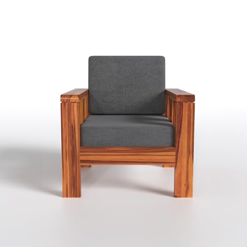 Solid Sheesham Wood 1 Seater Sofa | Modern Wooden Armchair with Grey Cushions