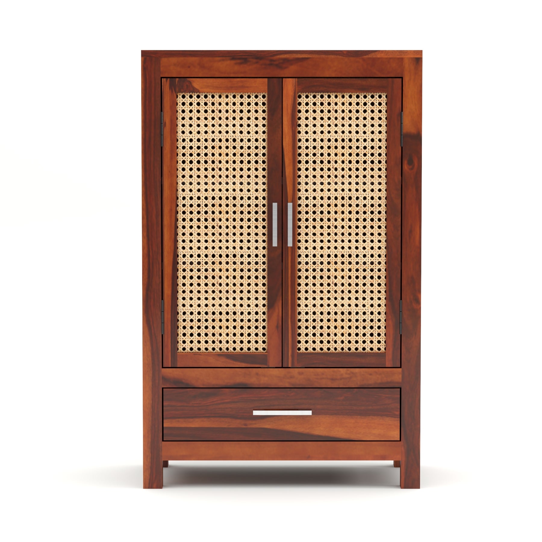Solid Sheesham Wood Cabinet with Rattan Cane Doors & Drawer – Honey Finish