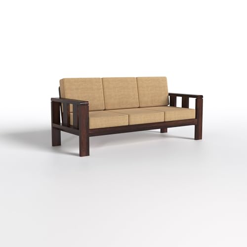 Modern 3+1+1 Wooden Sofa Set with Walnut Finish & Premium Beige Fabric | Living Room Sofa Set