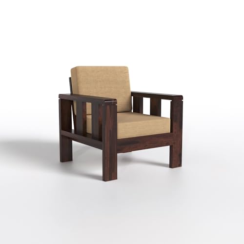 Solid Sheesham Wood 1 Seater Sofa | Premium Wooden Armchair with Beige Cushion