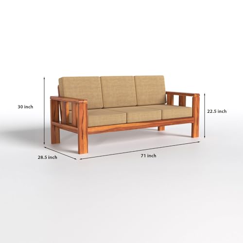 Modern 3 Seater Honey Finish Wooden Sofa with Beige Fabric | Solid Wood Living Sofa