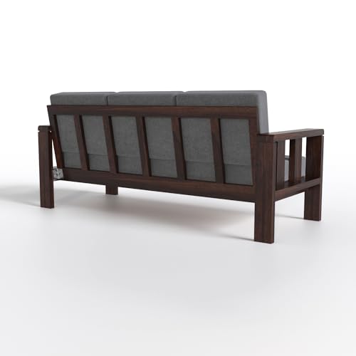 Modern 3+1+1 Wooden Sofa Set with Dark Walnut Finish & Premium Grey Fabric | Living Room Sofa Set