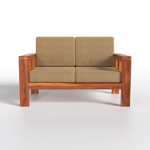 Modern 2 Seater Honey Finish Wooden Sofa with Premium Beige Cushion | Living Room Sofa