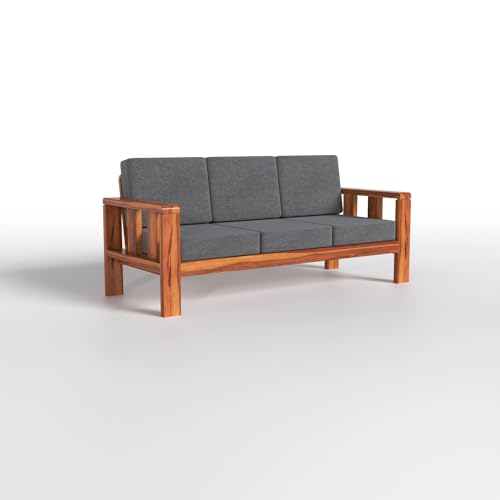 Solid Sheesham Wood Sofa Set | 3+1+1 Seater Wooden Living Room Sofa with Grey Cushions