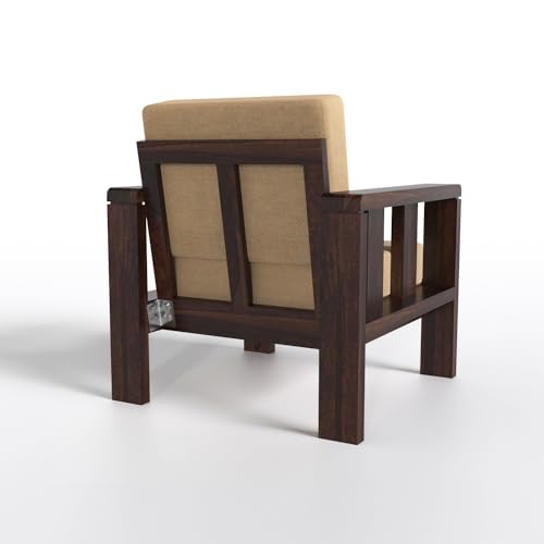 Solid Sheesham Wood 1 Seater Sofa | Premium Wooden Armchair with Beige Cushion