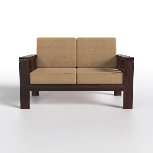 Modern 2 Seater Wooden Sofa with Premium Beige Fabric | Solid Wood Living Room Sofa