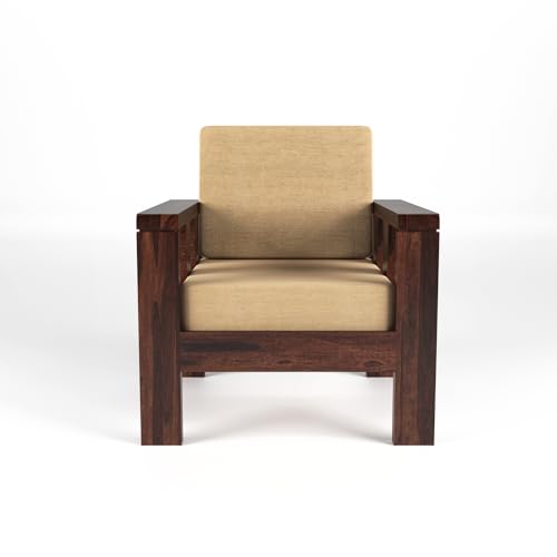 Solid Sheesham Wood 1 Seater Sofa | Premium Wooden Armchair with Beige Cushion