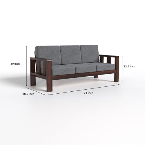 Modern 3+1+1 Wooden Sofa Set with Dark Walnut Finish & Premium Grey Fabric | Living Room Sofa Set