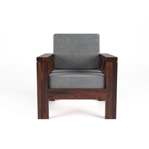 Modern 3+1+1 Wooden Sofa Set with Dark Walnut Finish & Premium Grey Fabric | Living Room Sofa Set