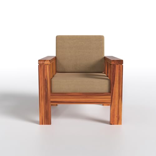Modern 3+1+1 Wooden Sofa Set with Premium Beige Fabric | Honey Finish For Living Room