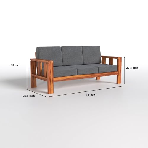 Solid Sheesham Wood Sofa Set | 3+1+1 Seater Wooden Living Room Sofa with Grey Cushions
