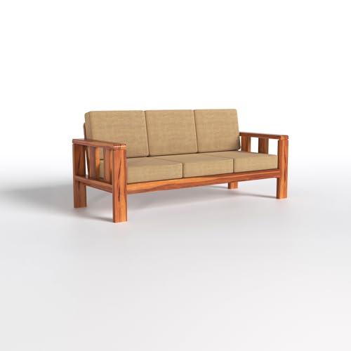 Modern 3+1+1 Wooden Sofa Set with Premium Beige Fabric | Honey Finish For Living Room