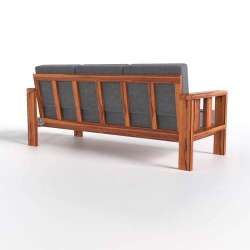 Modern 3 Seater Honey Finish Wooden Sofa with Grey Cushion | Solid Wood Living Room Sofa