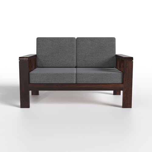 Solid Sheesham Wood Sofa Set | 3+1+1 Seater Wooden Sofa with Grey Cushions (Walnut Finish)
