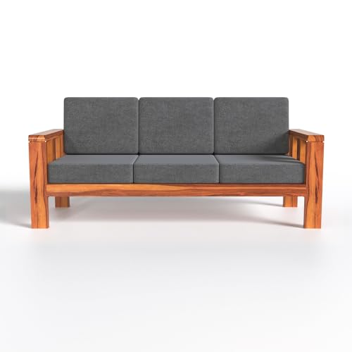 Modern 3 Seater Honey Finish Wooden Sofa with Grey Cushion | Solid Wood Living Room Sofa