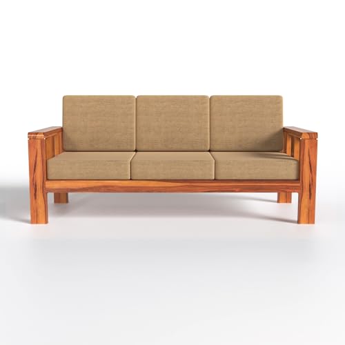 Modern 3+1+1 Wooden Sofa Set with Premium Beige Fabric | Honey Finish For Living Room