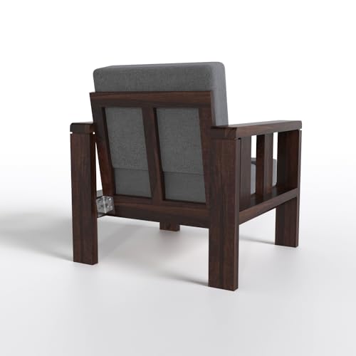 Solid Sheesham Wood 1 Seater Sofa | Premium Wooden Armchair with Grey Cushion