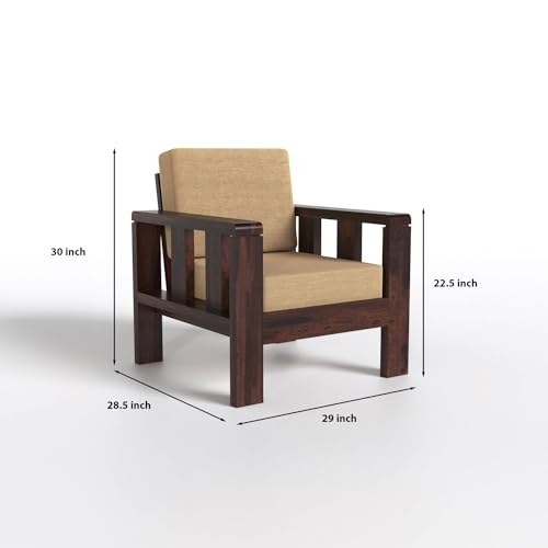 Solid Sheesham Wood 1 Seater Sofa | Premium Wooden Armchair with Beige Cushion
