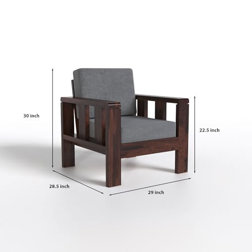 Solid Sheesham Wood Sofa Set | 3+1+1 Seater Wooden Sofa with Grey Cushions (Walnut Finish)