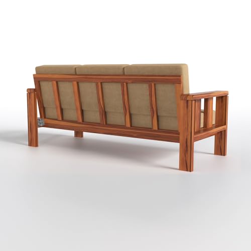 Modern 3 Seater Honey Finish Wooden Sofa with Beige Fabric | Solid Wood Living Sofa