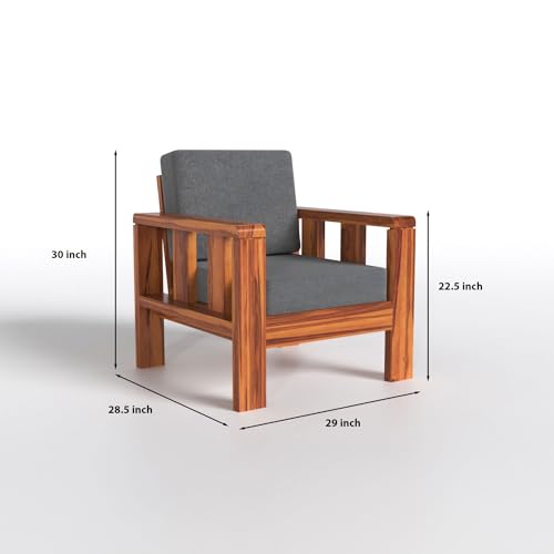 Solid Sheesham Wood 1 Seater Sofa | Modern Wooden Armchair with Grey Cushions