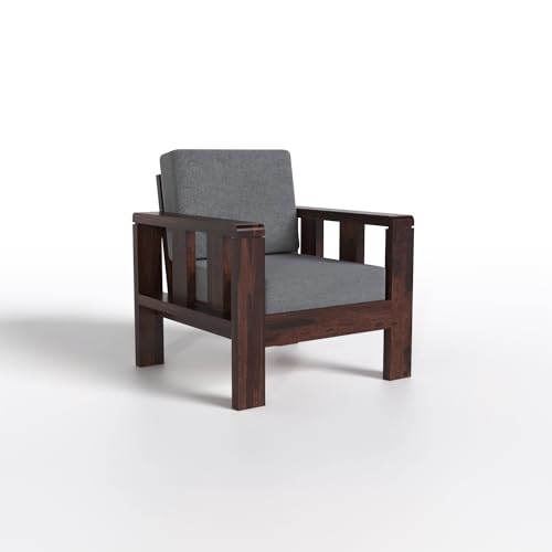 Solid Sheesham Wood Sofa Set | 3+1+1 Seater Wooden Sofa with Grey Cushions (Walnut Finish)