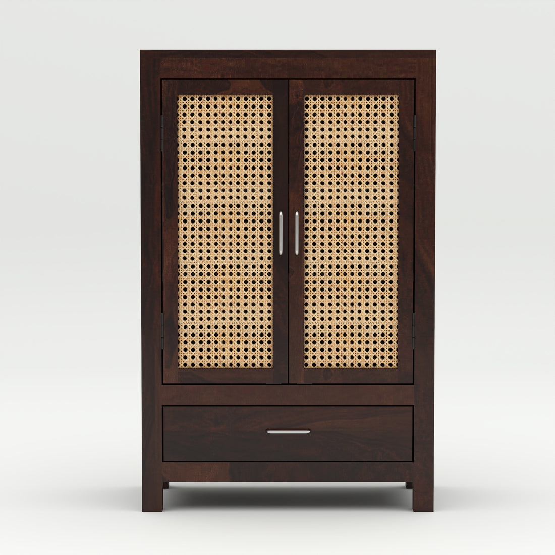 Solid Sheesham Wood Cabinet with Rattan Cane Doors & Drawer – Modern Storage Furniture