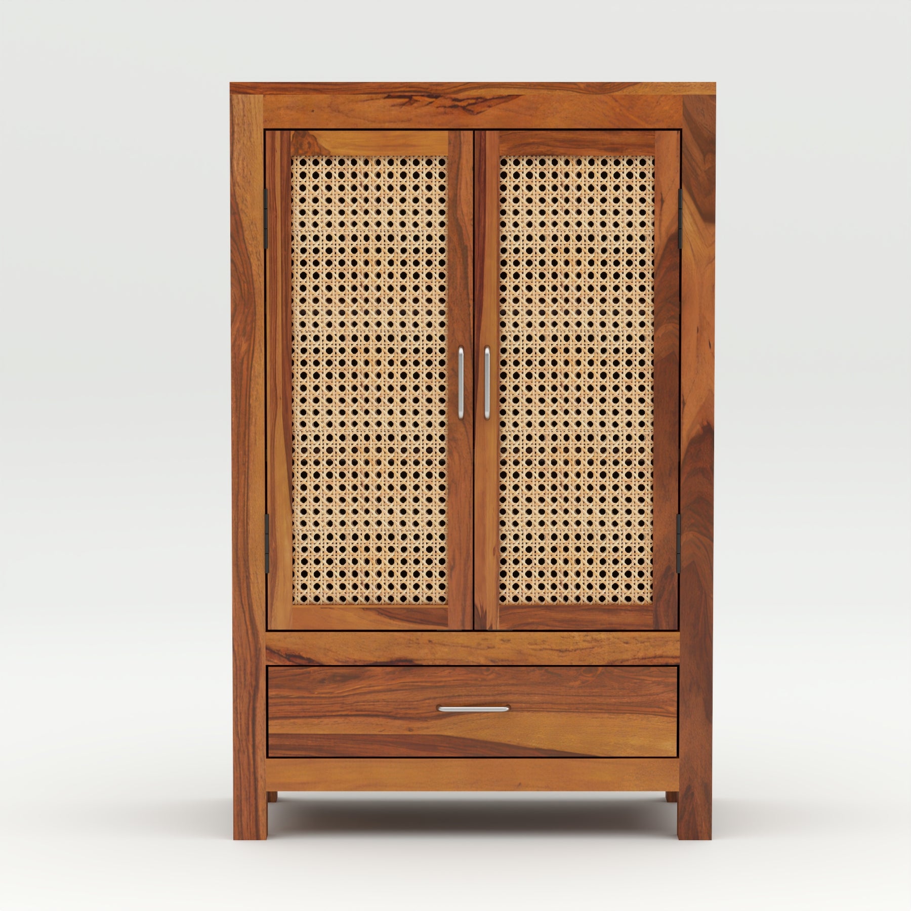Solid Sheesham Wood Cabinet with Rattan Cane Doors & Drawer – Natural Finish