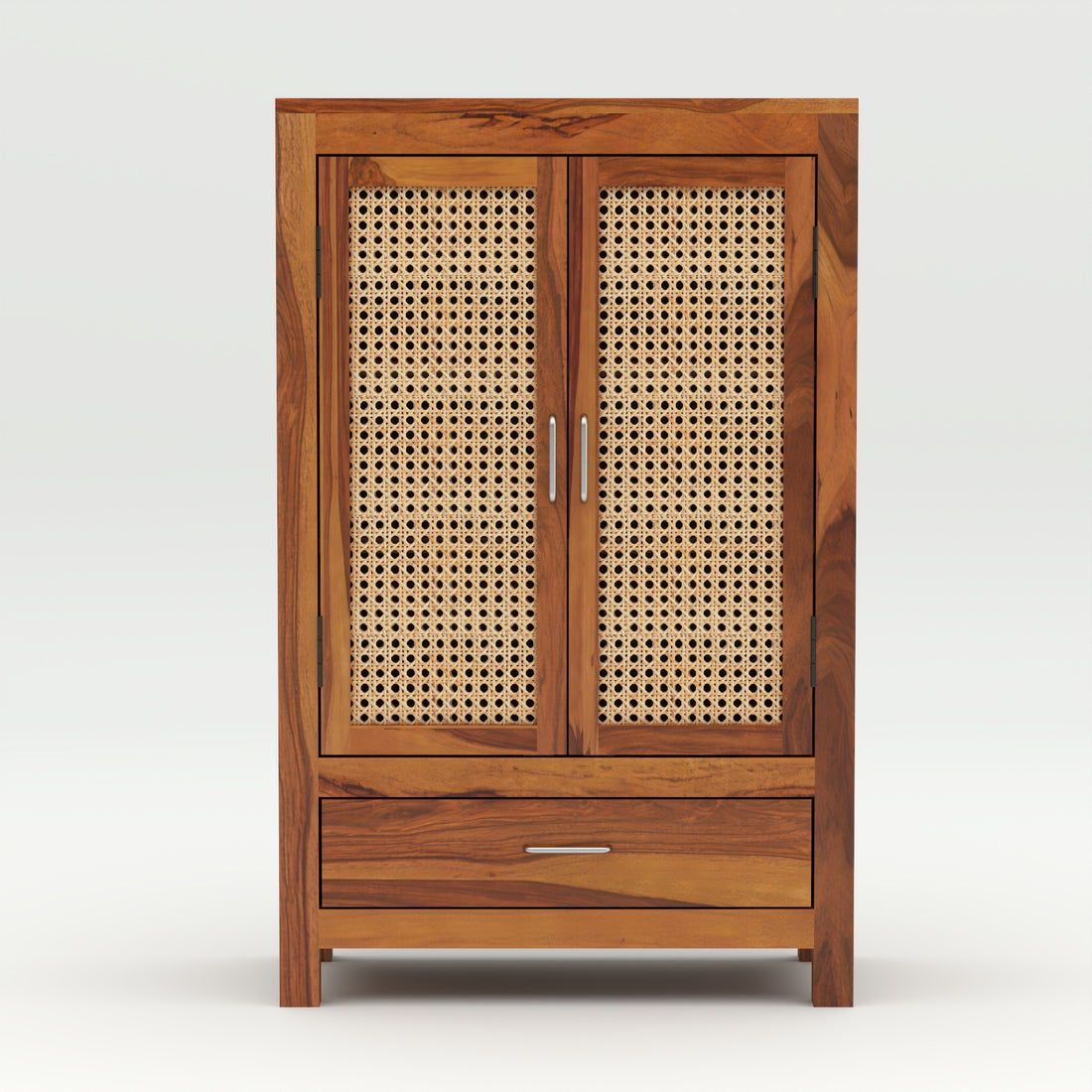 Solid Sheesham Wood Cabinet with Rattan Cane Doors & Drawer – Natural Finish