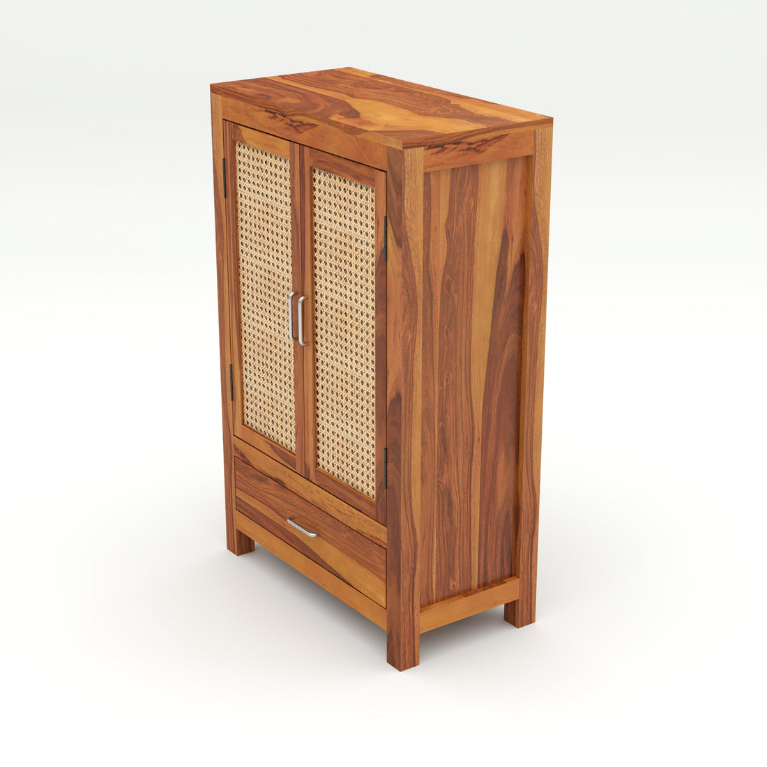 Solid Sheesham Wood Cabinet with Rattan Cane Doors & Drawer – Natural Finish