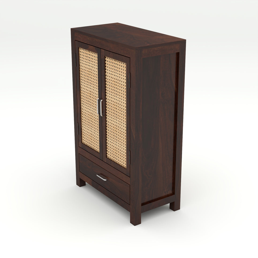 Solid Sheesham Wood Cabinet with Rattan Cane Doors & Drawer – Modern Storage Furniture