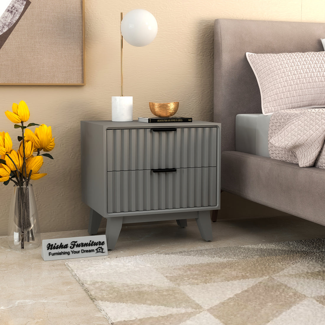 Modern Grey Fluted Bedside Table with 2 Drawers