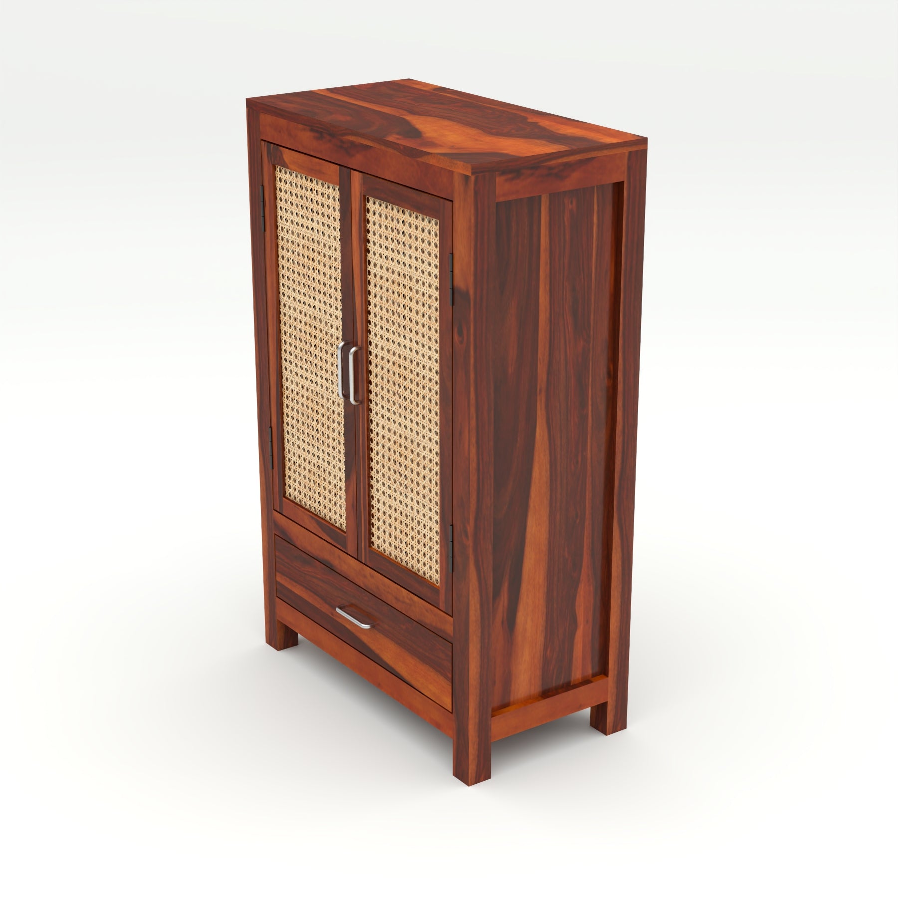 Solid Sheesham Wood Cabinet with Rattan Cane Doors & Drawer – Honey Finish