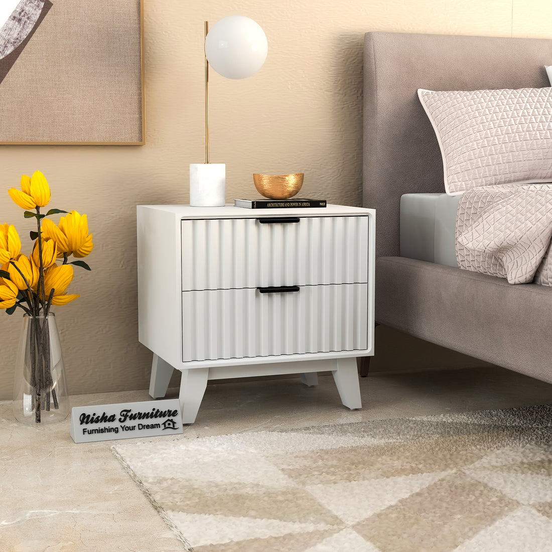Modern Fluted Bedside Table with 2 Drawers | White Finish