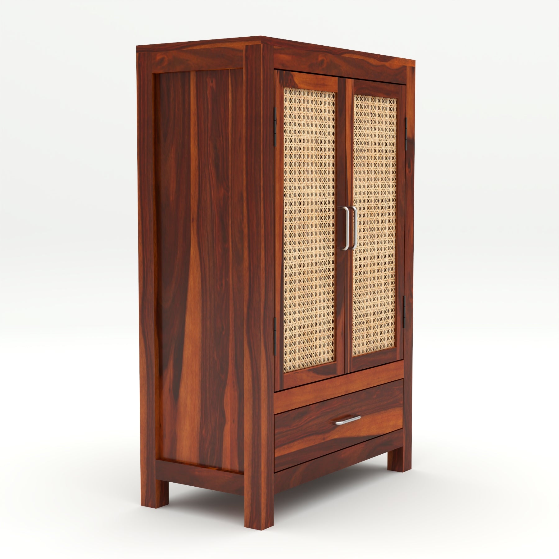 Solid Sheesham Wood Cabinet with Rattan Cane Doors & Drawer – Honey Finish