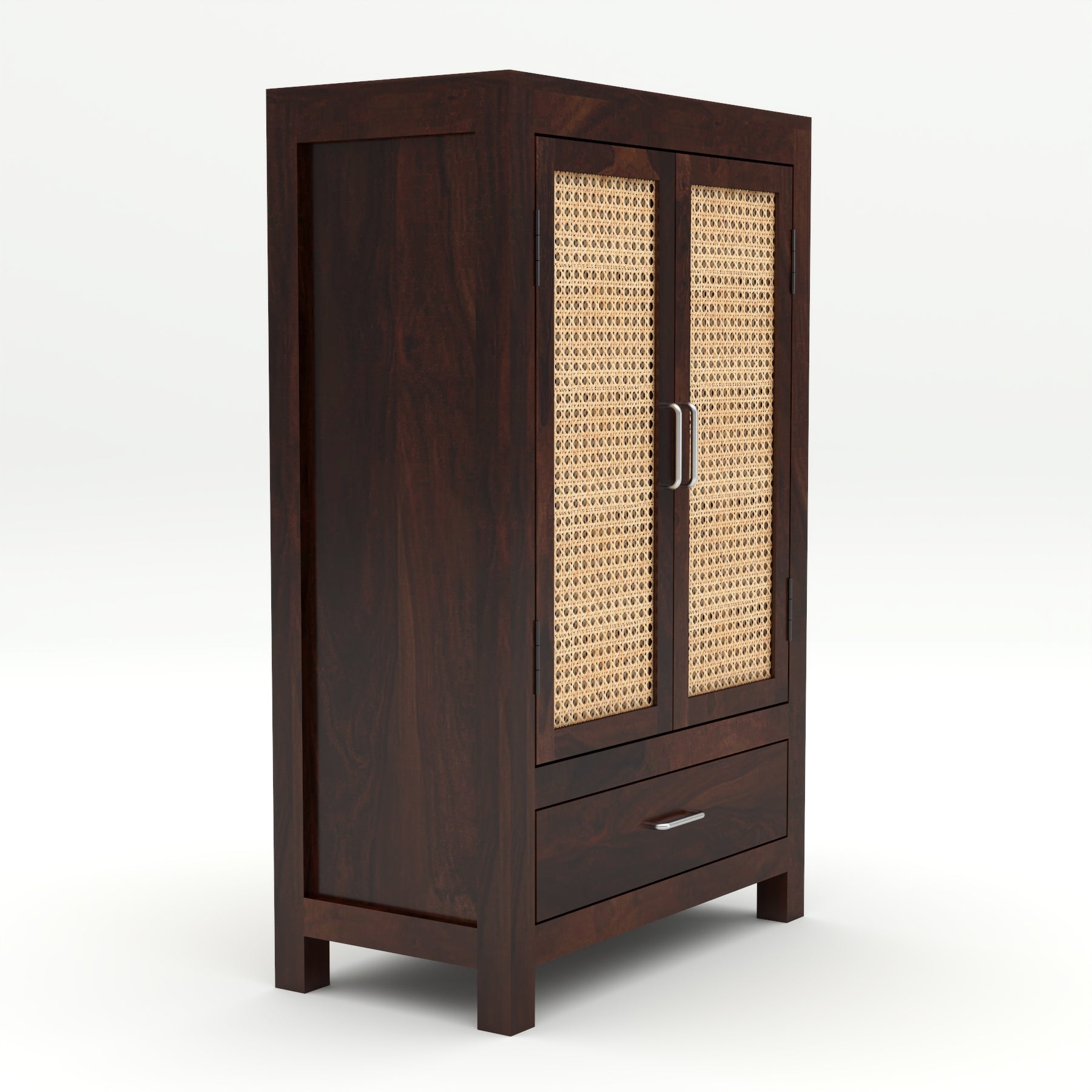 Solid Sheesham Wood Cabinet with Rattan Cane Doors & Drawer – Modern Storage Furniture