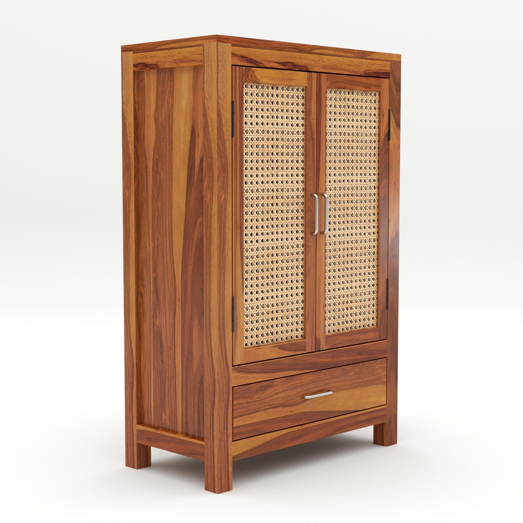 Solid Sheesham Wood Cabinet with Rattan Cane Doors & Drawer – Natural Finish