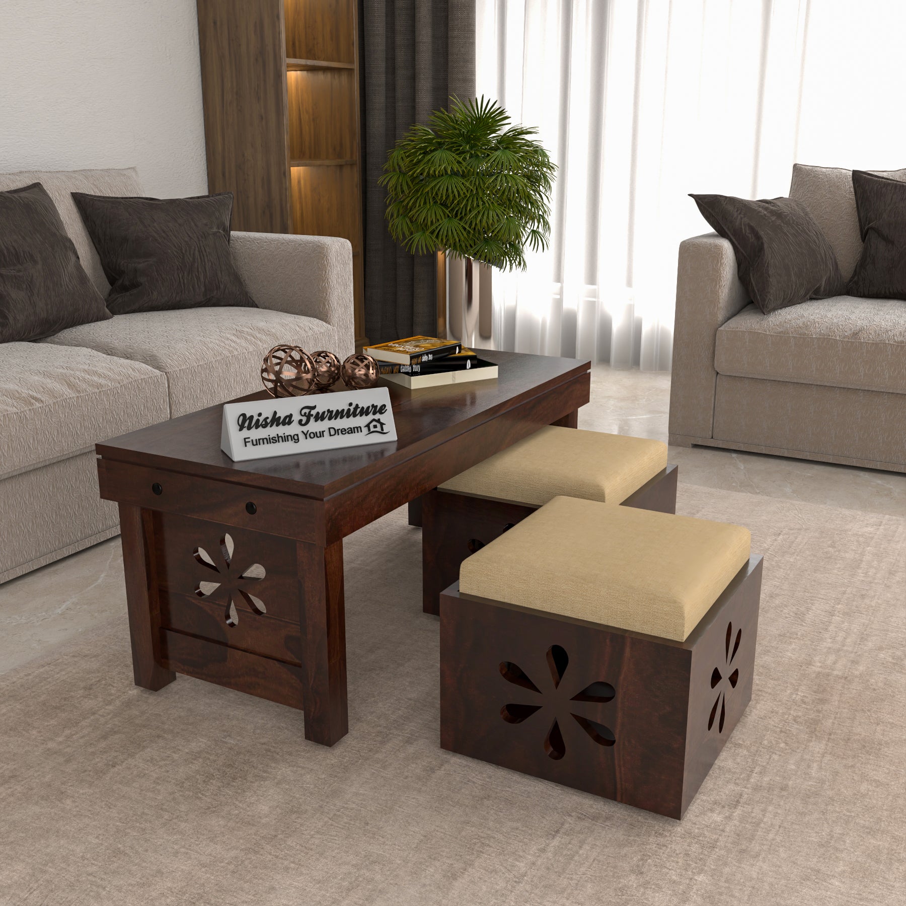 Sheesham Wood Coffee Table with 2 Cushioned Stools in Carved Floral Design | Walnut Finish
