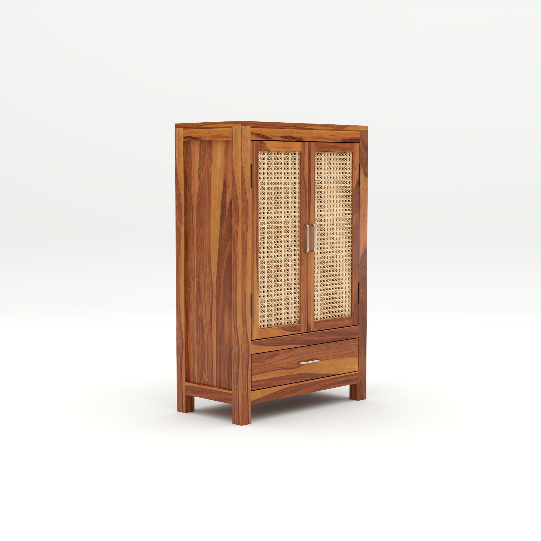 Solid Sheesham Wood Cabinet with Rattan Cane Doors & Drawer – Natural Finish
