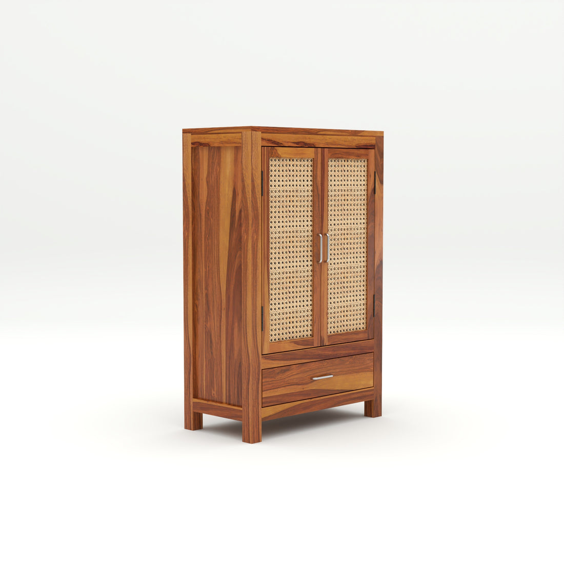 Solid Sheesham Wood Cabinet with Rattan Cane Doors & Drawer – Natural Finish