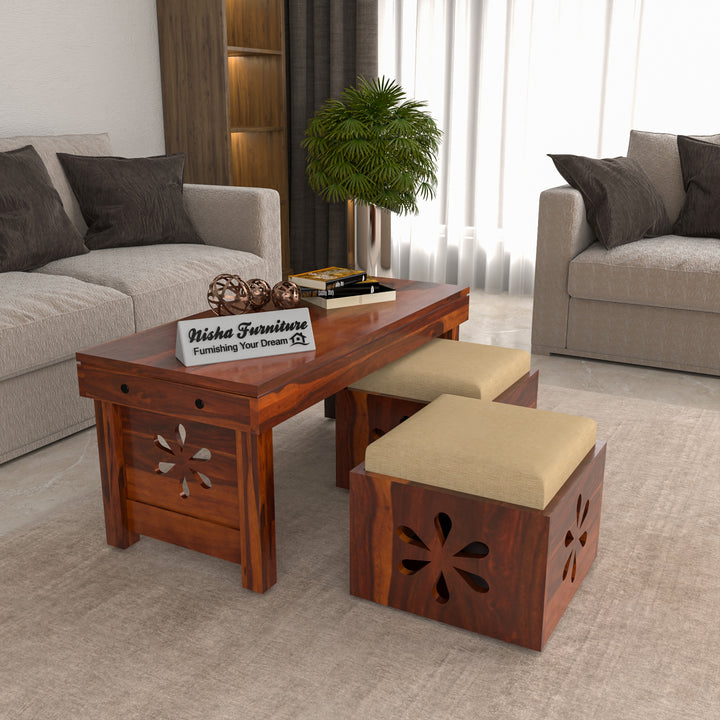 Coffee Table with 2 Cushioned Stools in Natural Finish | carved flower design