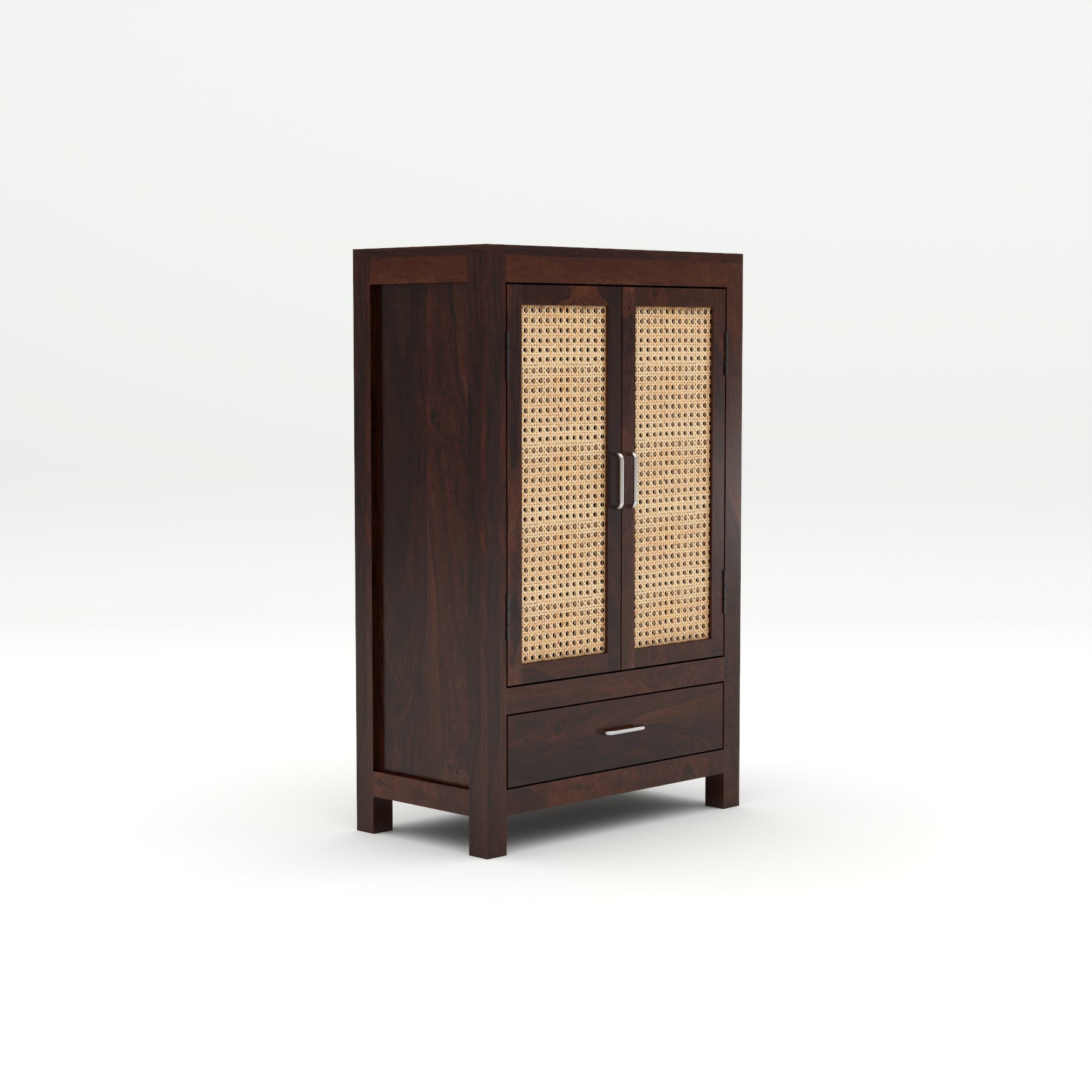 Solid Sheesham Wood Cabinet with Rattan Cane Doors & Drawer – Modern Storage Furniture