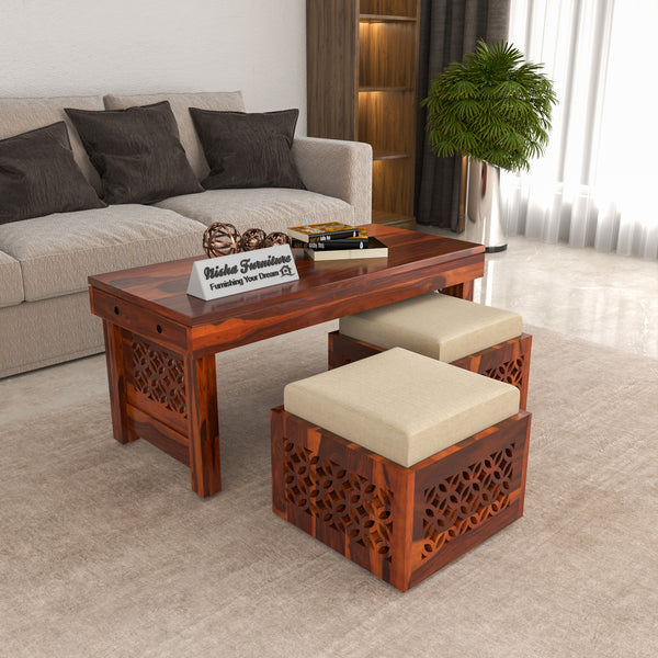 Coffee Table with 2 Designer Cushioned Stools with Jali Carved Design | Honey Finish