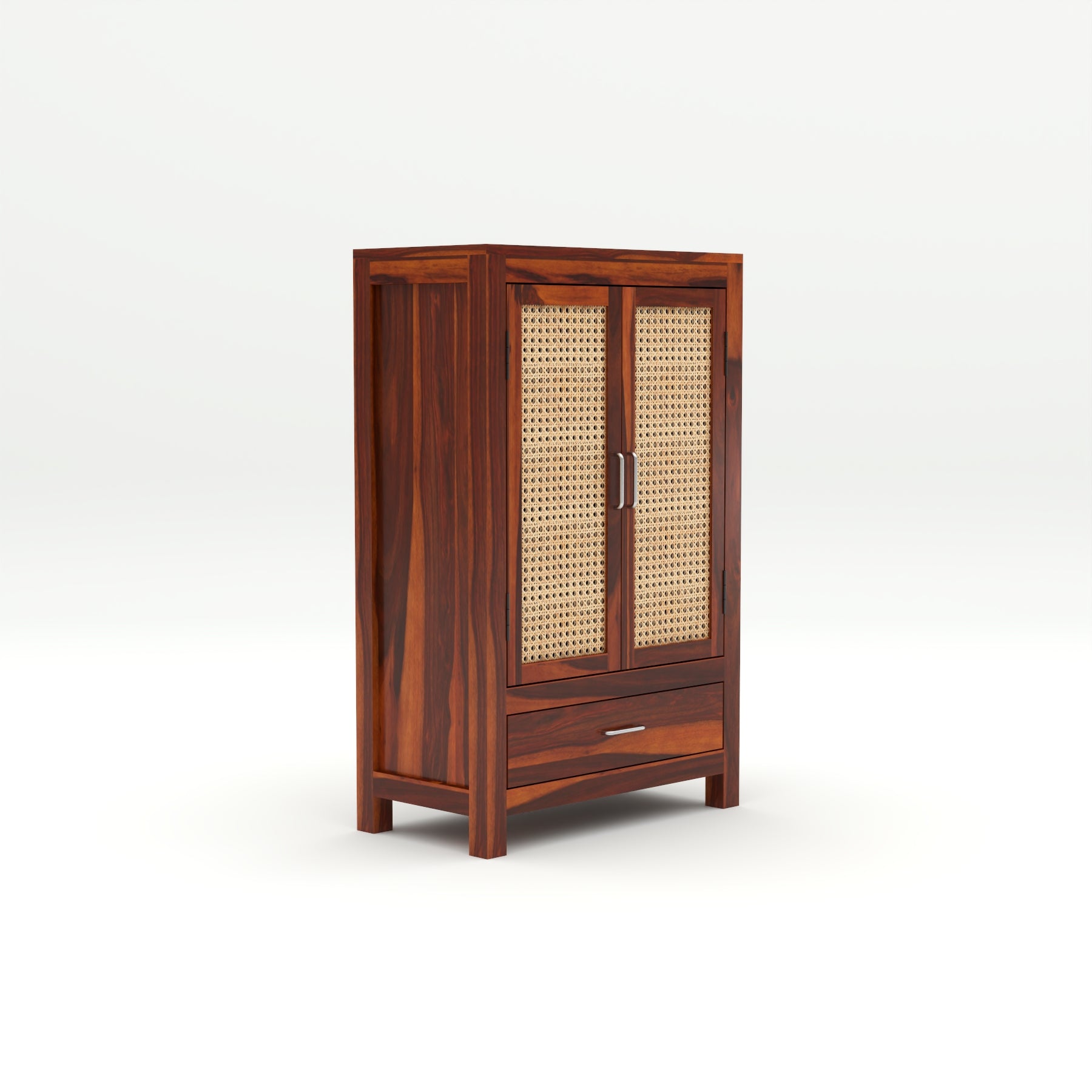 Solid Sheesham Wood Cabinet with Rattan Cane Doors & Drawer – Honey Finish