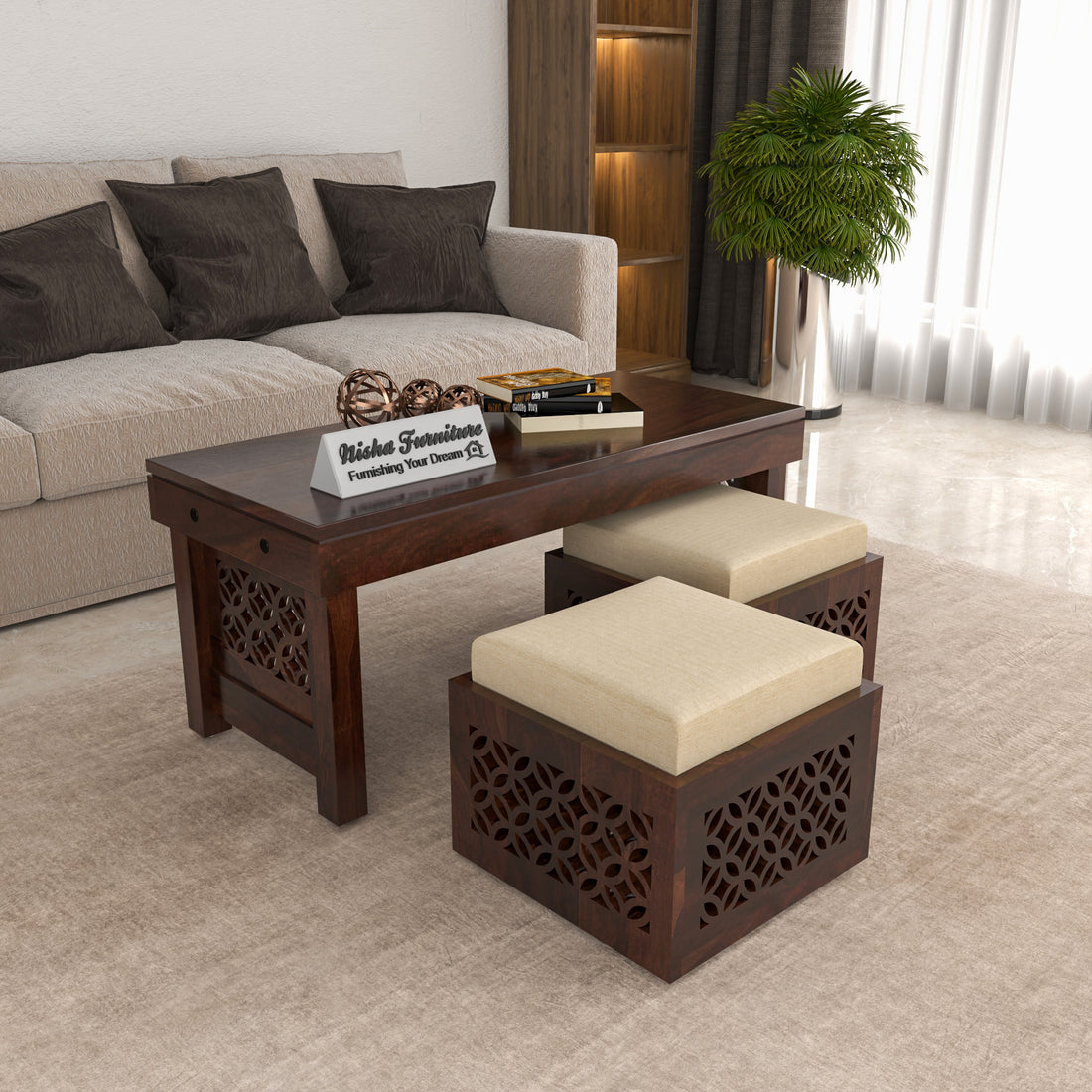 Coffee Table with 2 Designer Cushioned Stools with Carved Jali Design | Walnut Finish