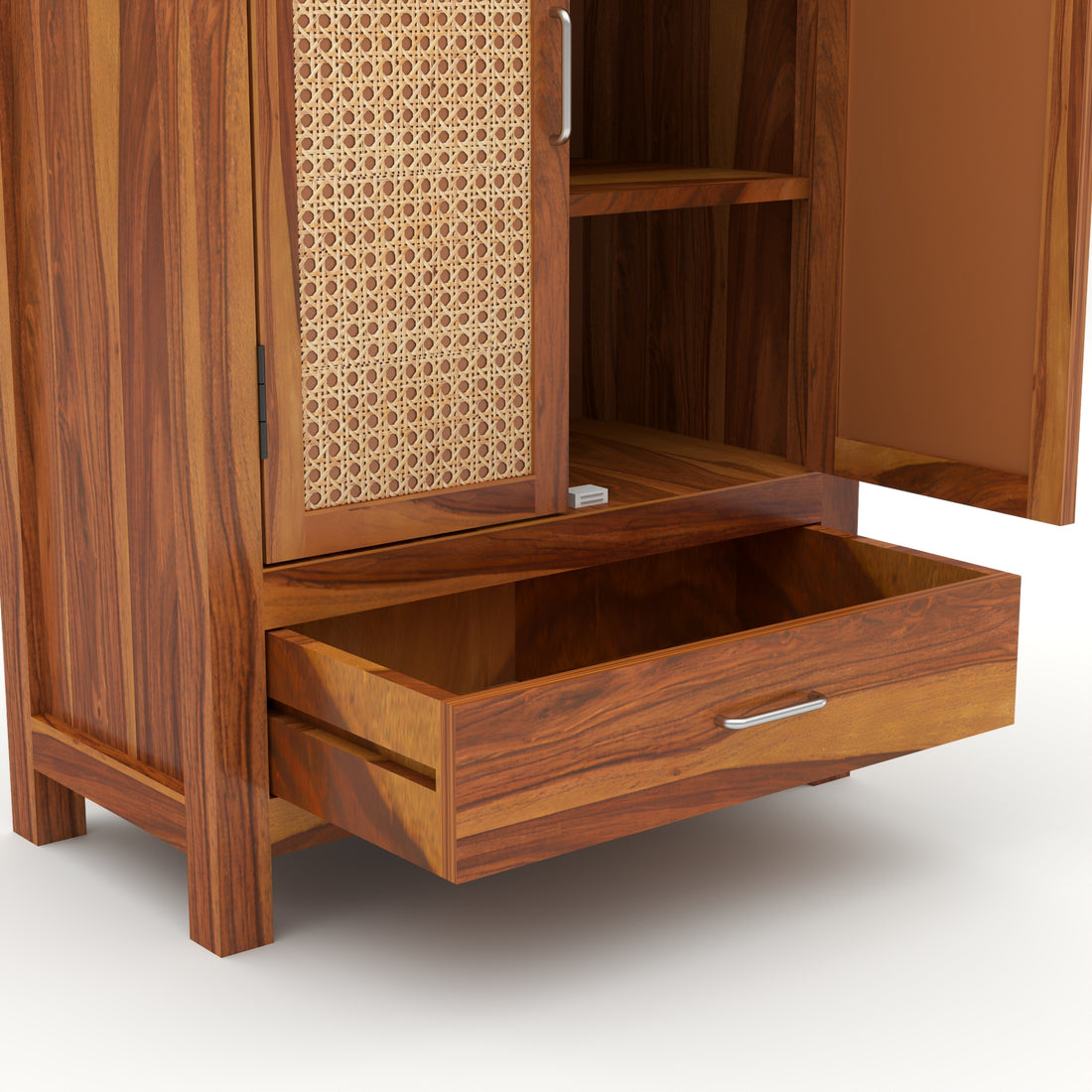 Solid Sheesham Wood Cabinet with Rattan Cane Doors & Drawer – Natural Finish