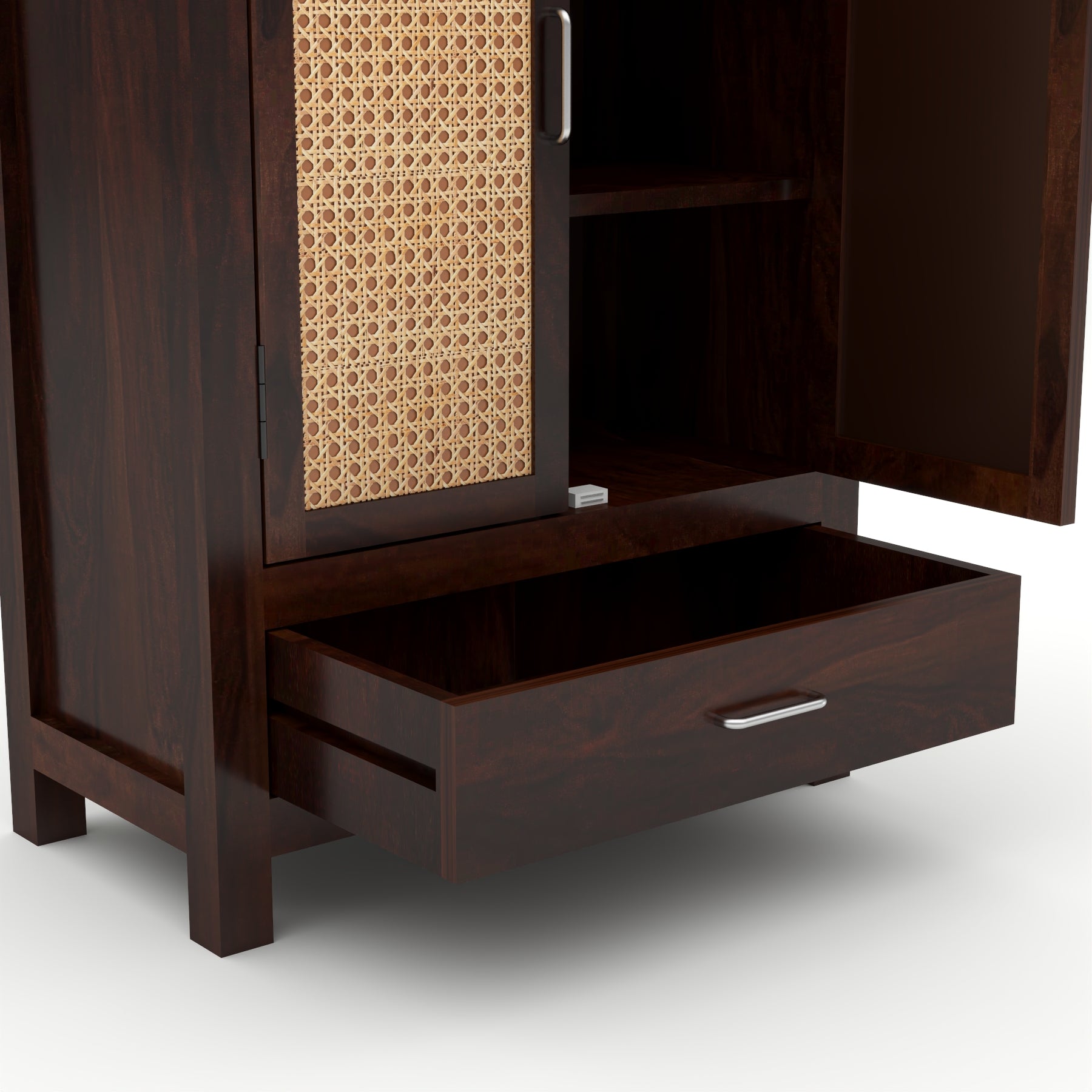 Solid Sheesham Wood Cabinet with Rattan Cane Doors & Drawer – Modern Storage Furniture